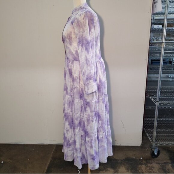 Bambah Purple White Tie Dye Pattern Chiffon Long Sleeve Maxi Dress XL? - Picture 5 of 9